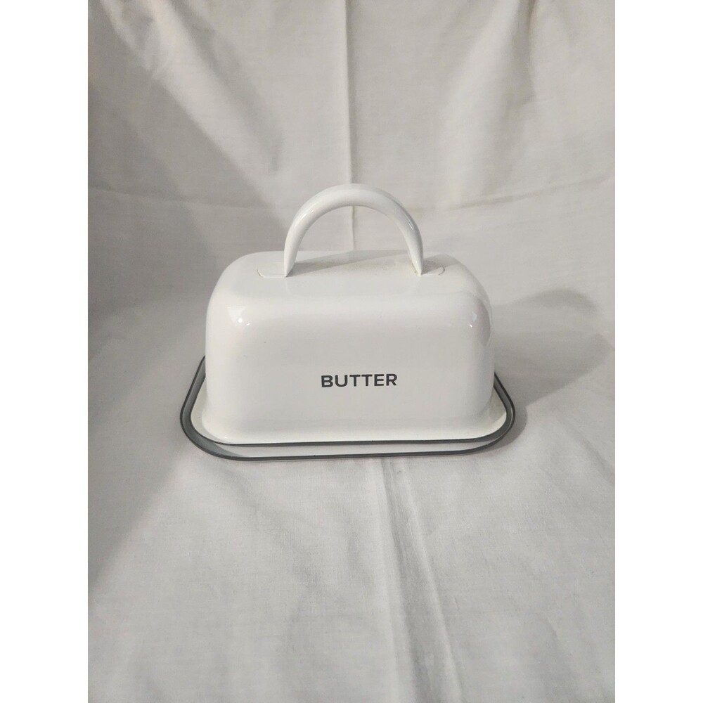 Farmhouse Enamelware Crofton Butter Dish White Black Trim Retro Style Metal 1lb